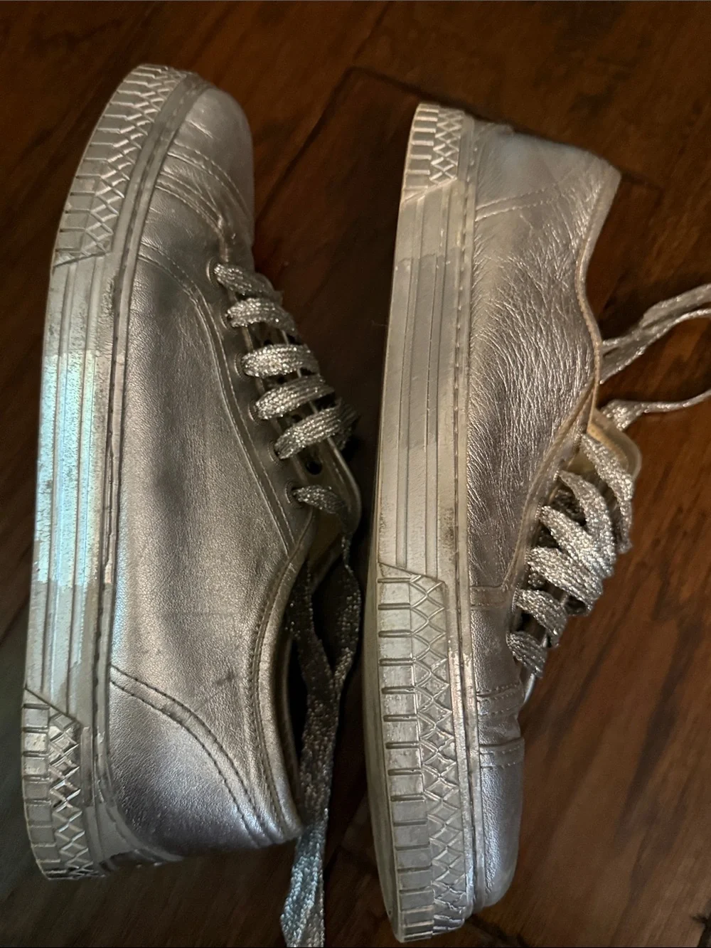 CHANEL Metallic Silver Leather Sneakers with Glitter Laces
